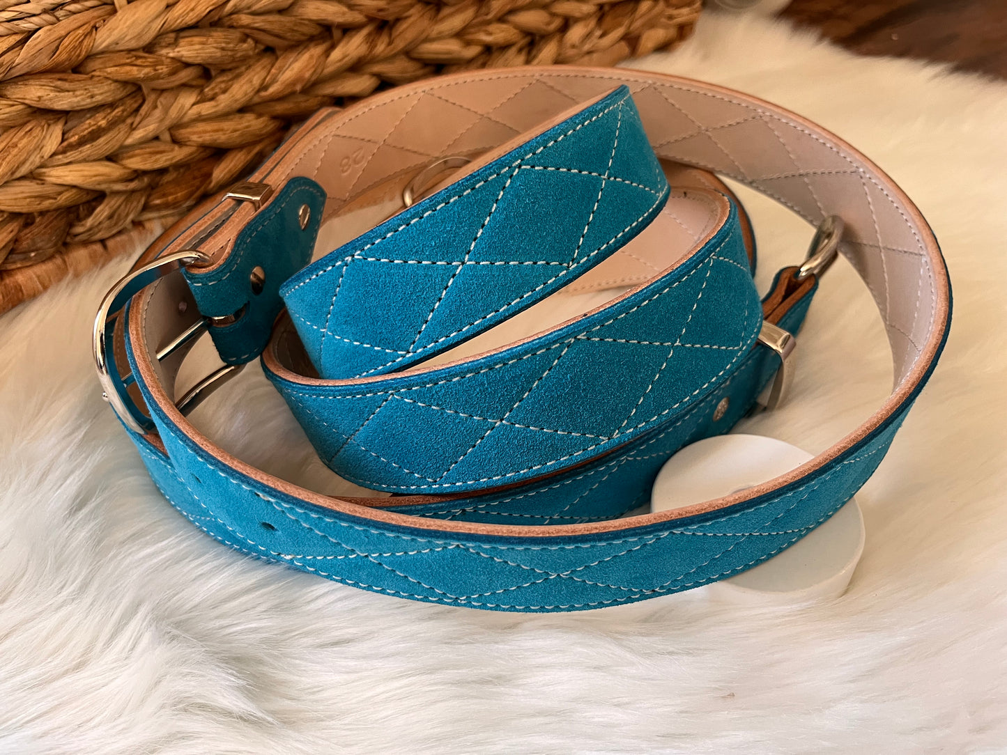 Turquoise suede belt Diamond Stitching