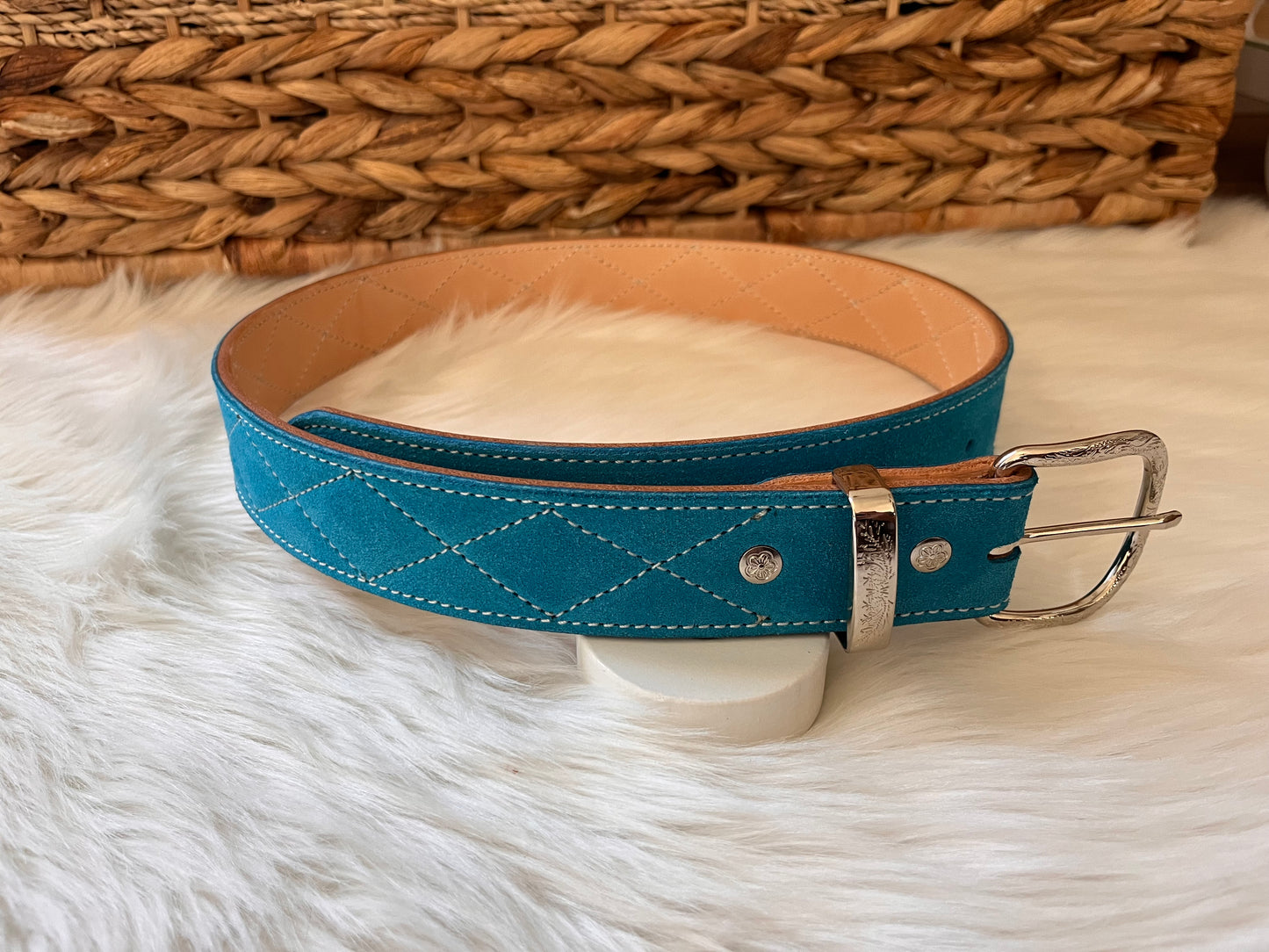 Turquoise suede belt Diamond Stitching