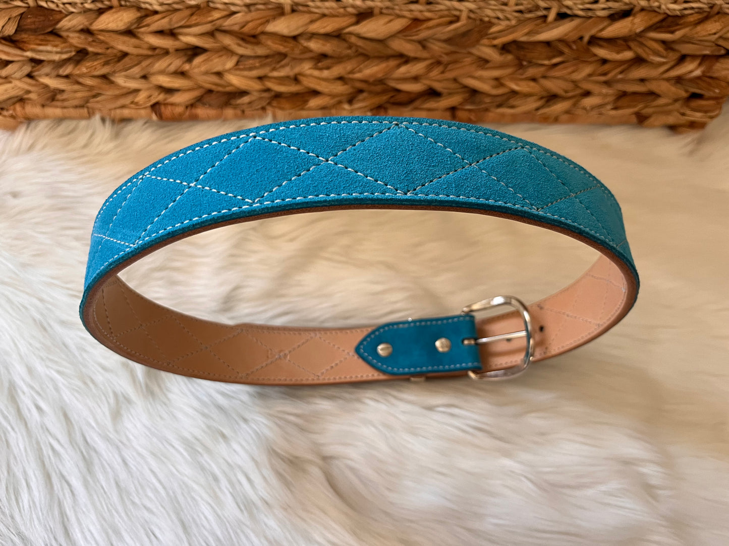 Turquoise suede belt Diamond Stitching